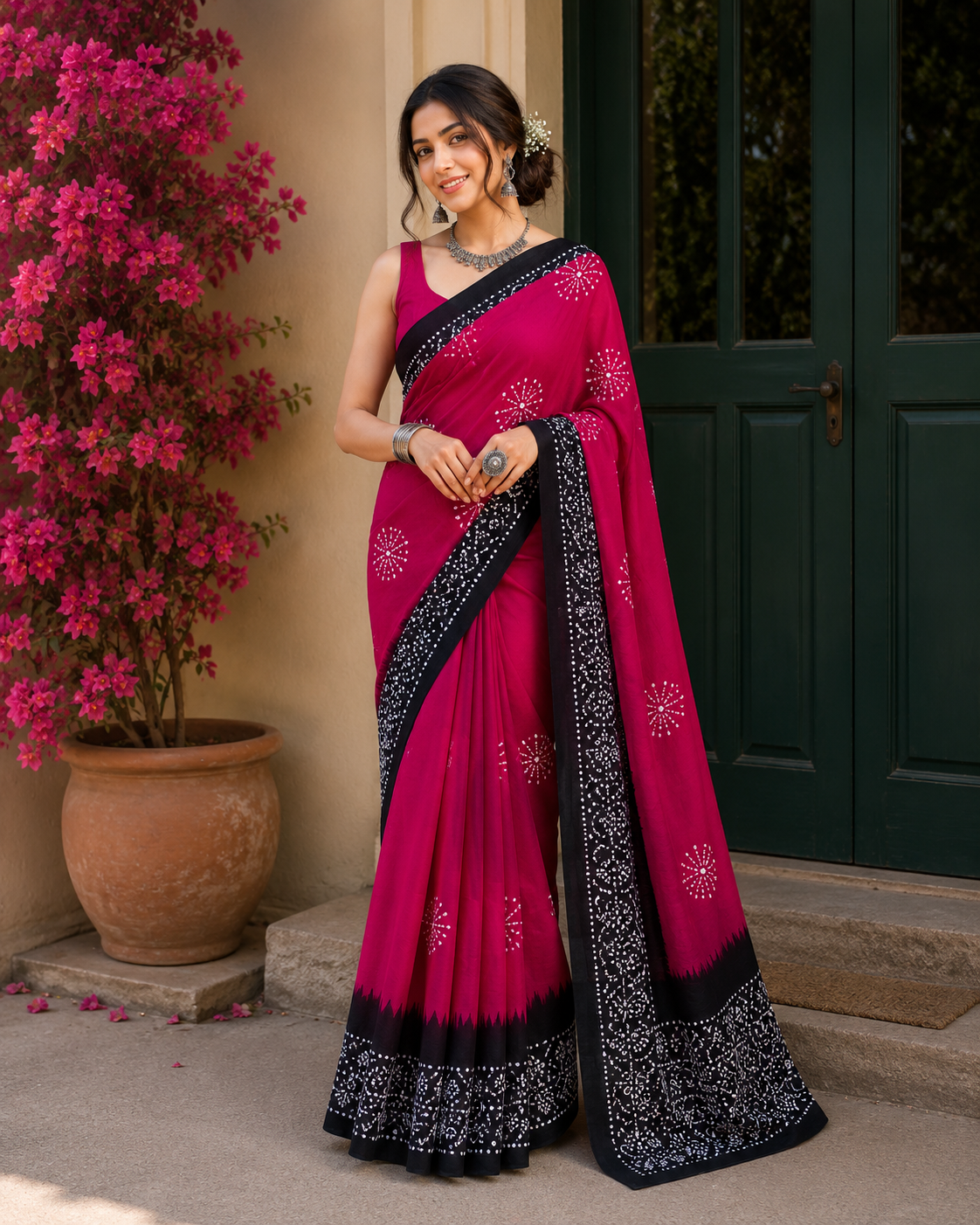 Mom Batik Pink + Black - Hand Block Saree