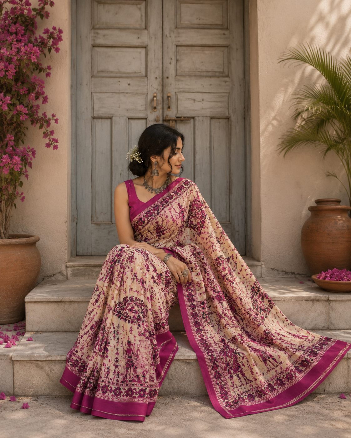 Mulmul Cotton Pink - Printed Saree