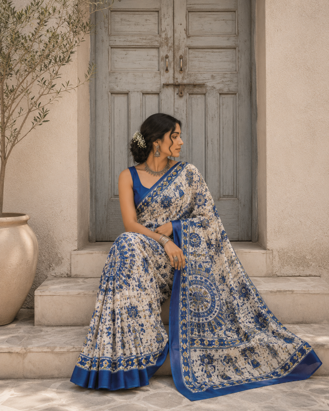 Mulmul Cotton Blue - Printed Saree