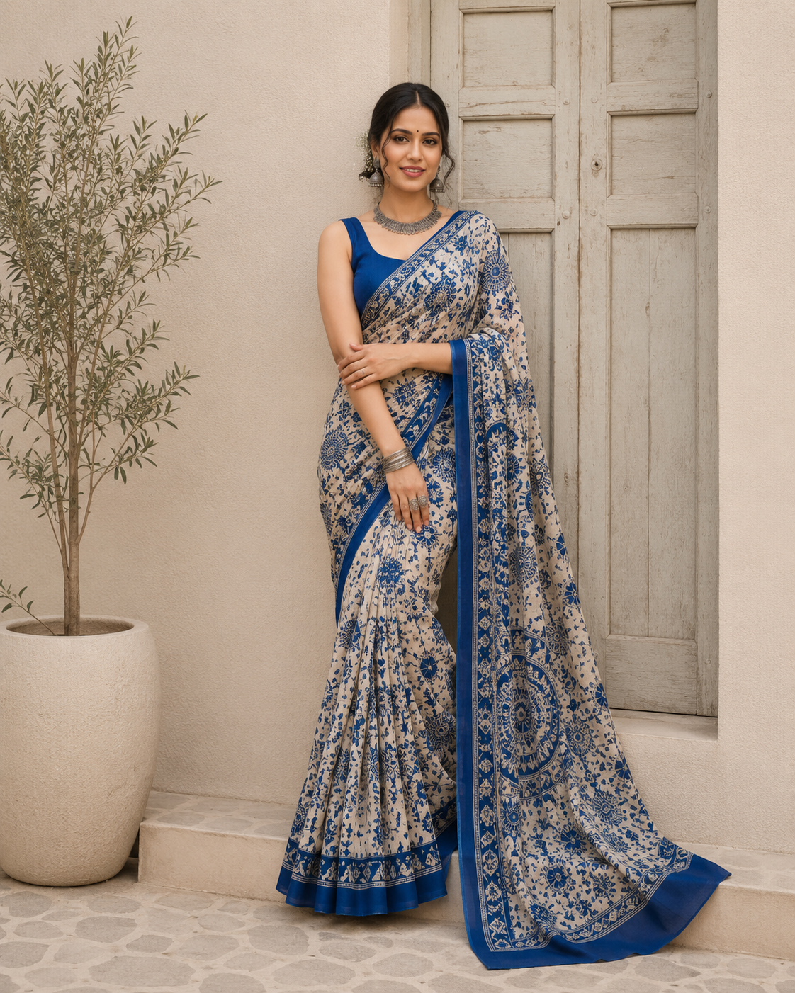 Mulmul Cotton Blue - Printed Saree