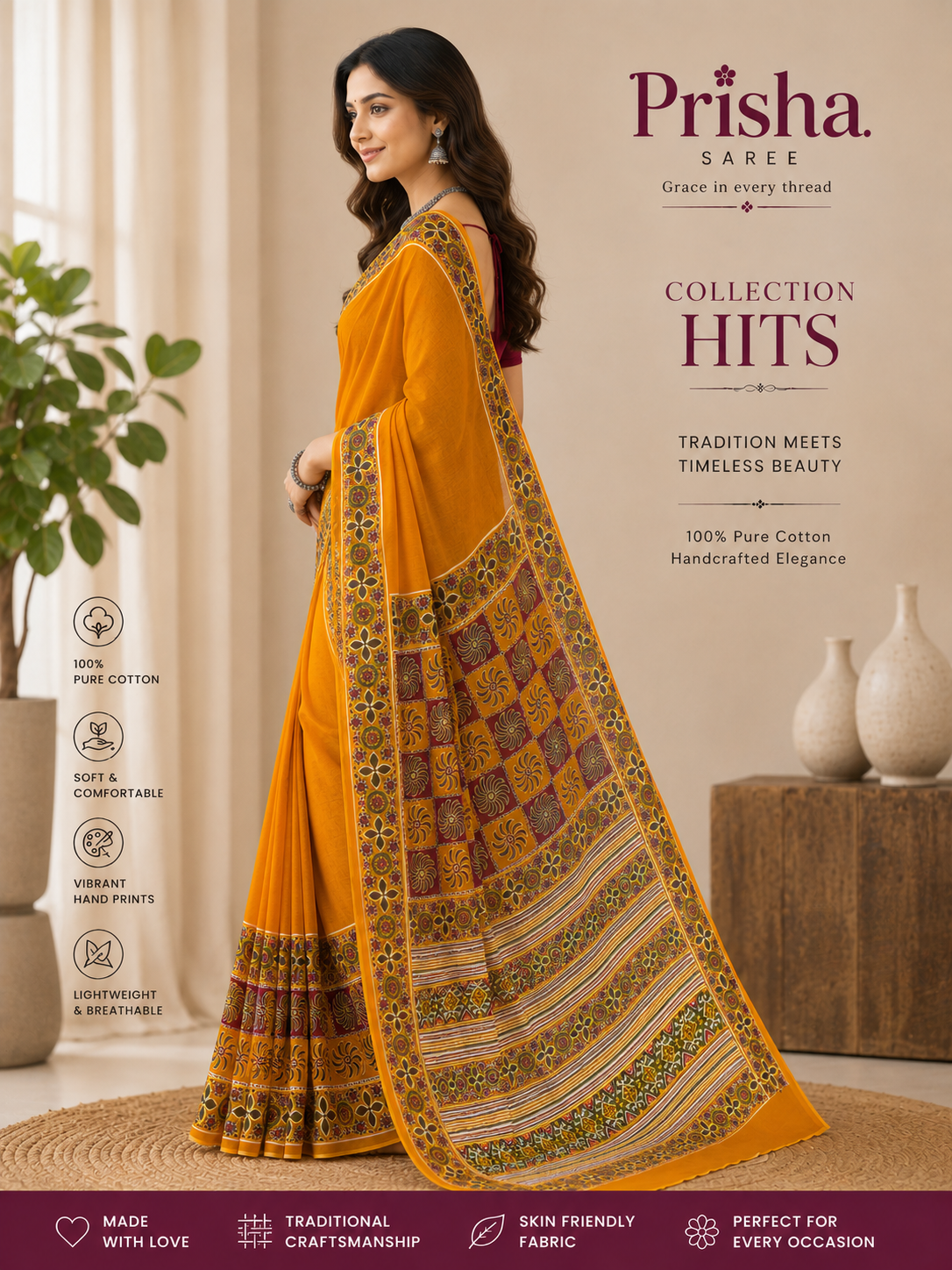 “Everyday Cotton Printed Saree – Organic Colour, Fade‑Free Wash Guarantee”