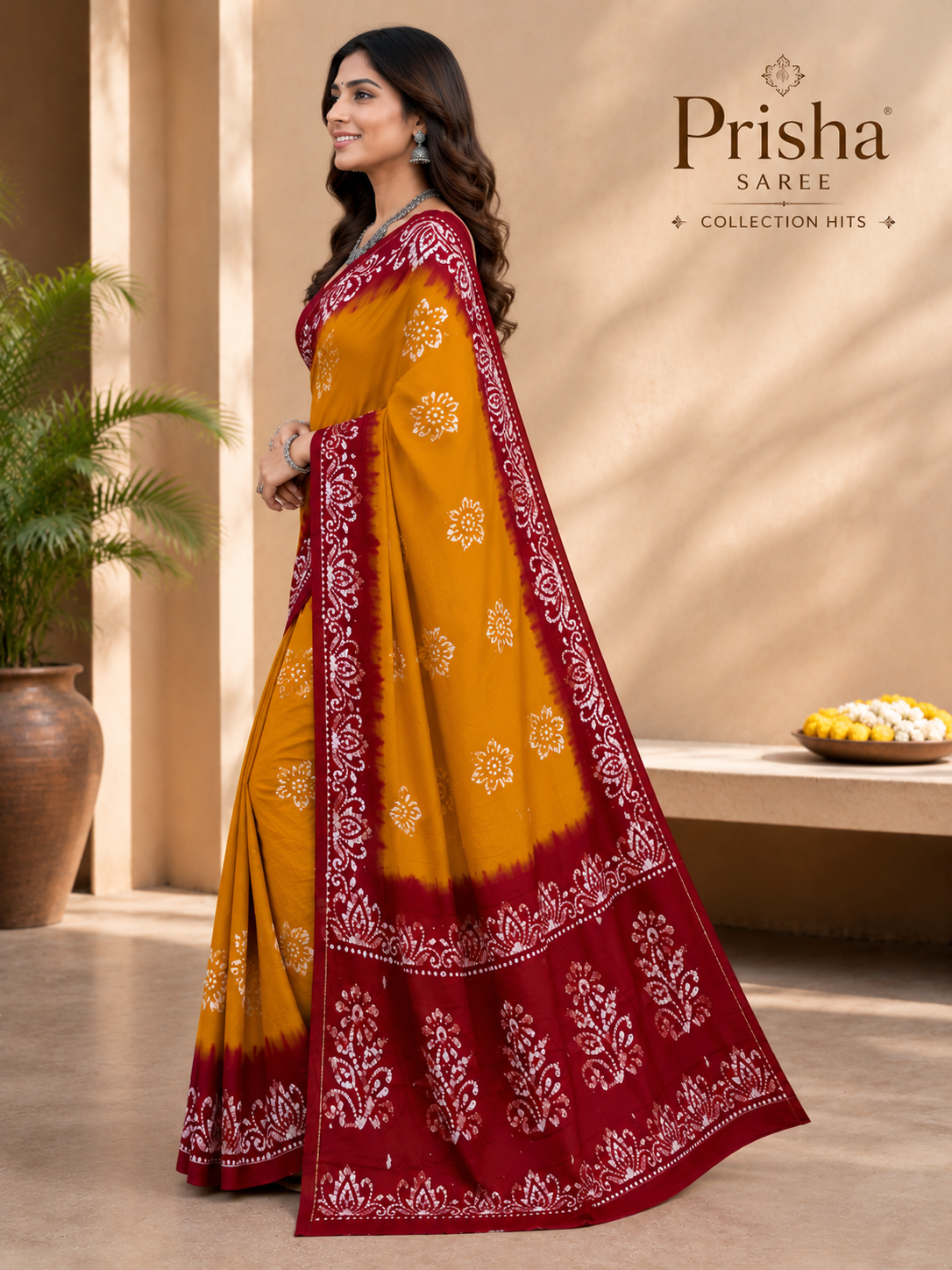 Prisha Mustard Yellow Hand Block Batik Cotton Saree with Maroon Border | Soft Hand Printed Daily Wear Saree