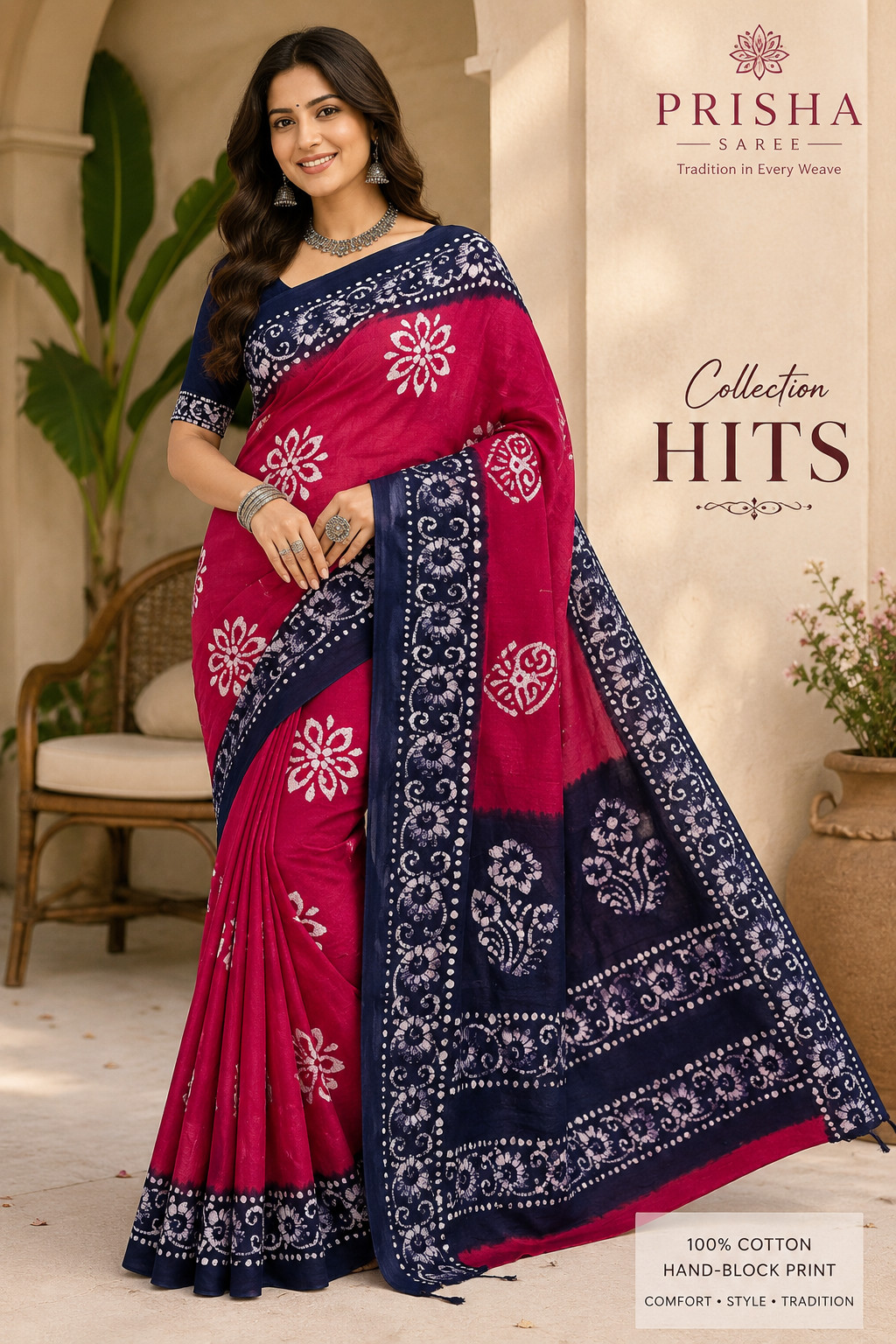 Prisha Rani Pink Hand Block Batik Cotton Saree with Navy Blue Hand Print Border | Soft Daily Wear Cotton Saree