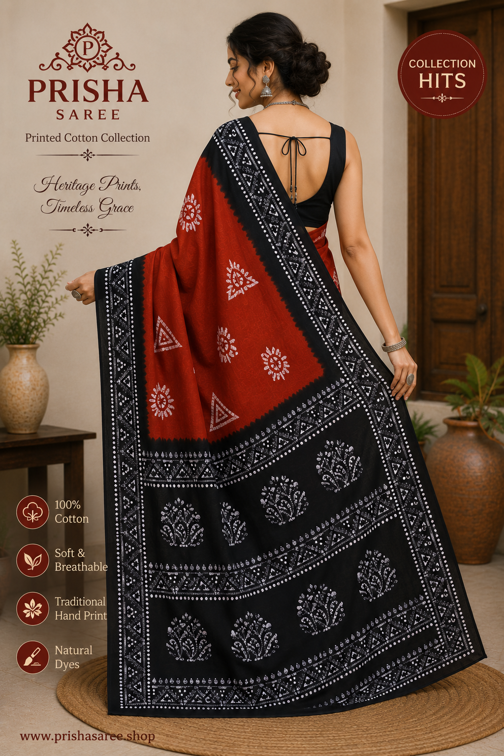 Prisha Rust Orange Hand Block Batik Cotton Saree with Black Tribal Print Border | Soft Hand Printed Daily Wear Sar