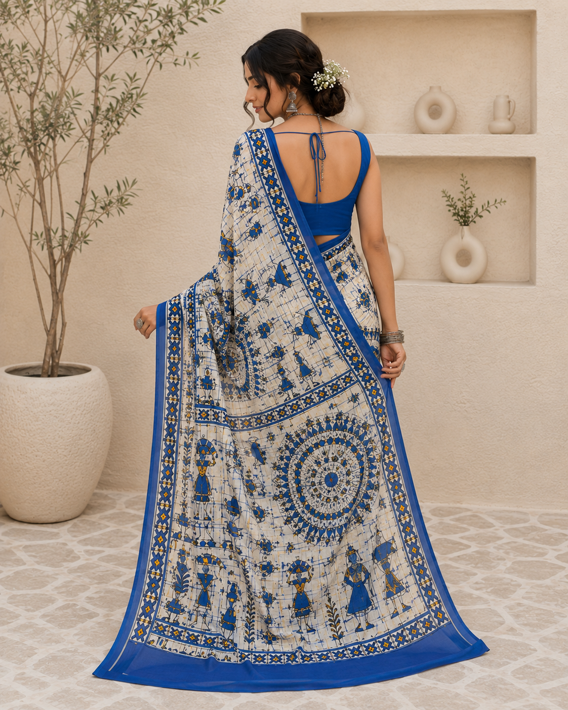 Mulmul Cotton Blue - Printed Saree