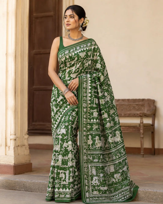 Mulmul Cotton Green - Printed Saree